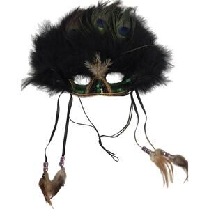 Vintage Mardi Gras Peacock Feather Mask Masquerade Black Carnival Halloween